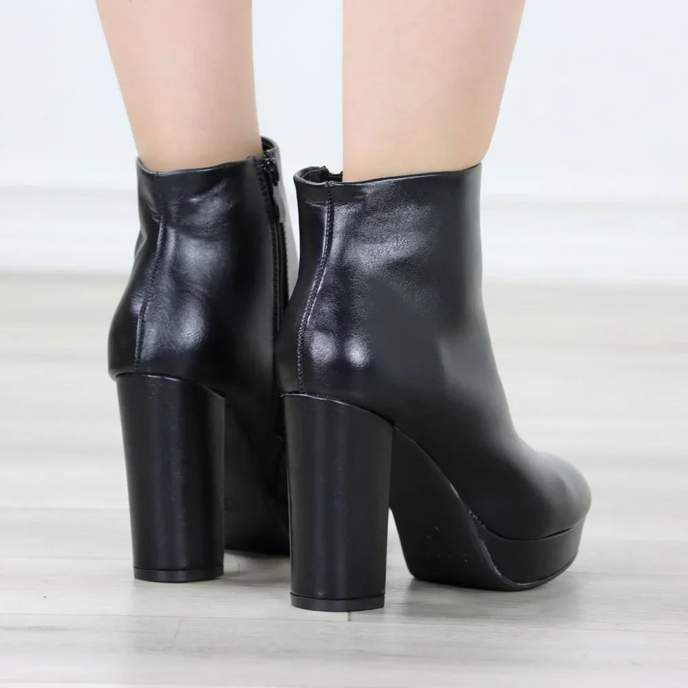 Womens Chunky Platform High Heeled Bootie Zip Up Black Ankle Boots Block Heel - Picture 13 of 15